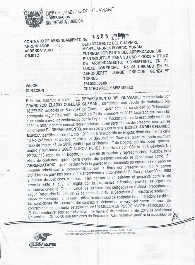 Contrato de arrendamiento de la oficina aeroportuaria de Solid Murcia con el departamento de Guaviare.